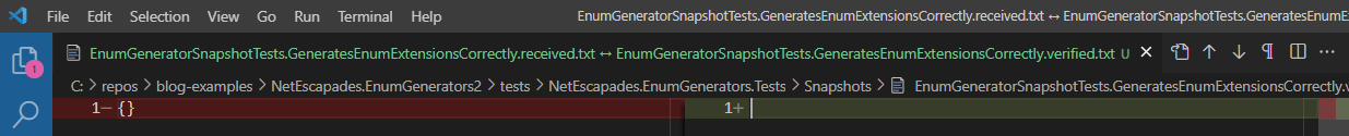 Diff tool showing {} in the left pane, and an empty right pane