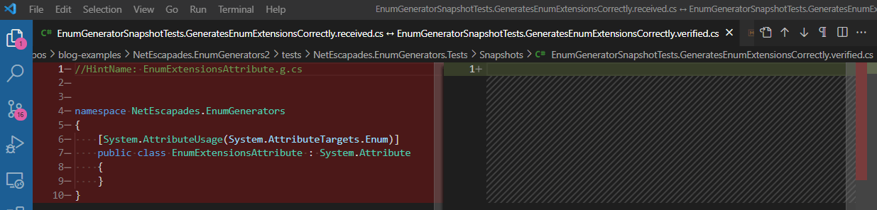 Diff tool showing the EnumExtensionsAttribute in the left pane, and an empty right pane