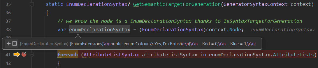 JetBrains Rider debugging the source generator, we have hit a breakpoint
