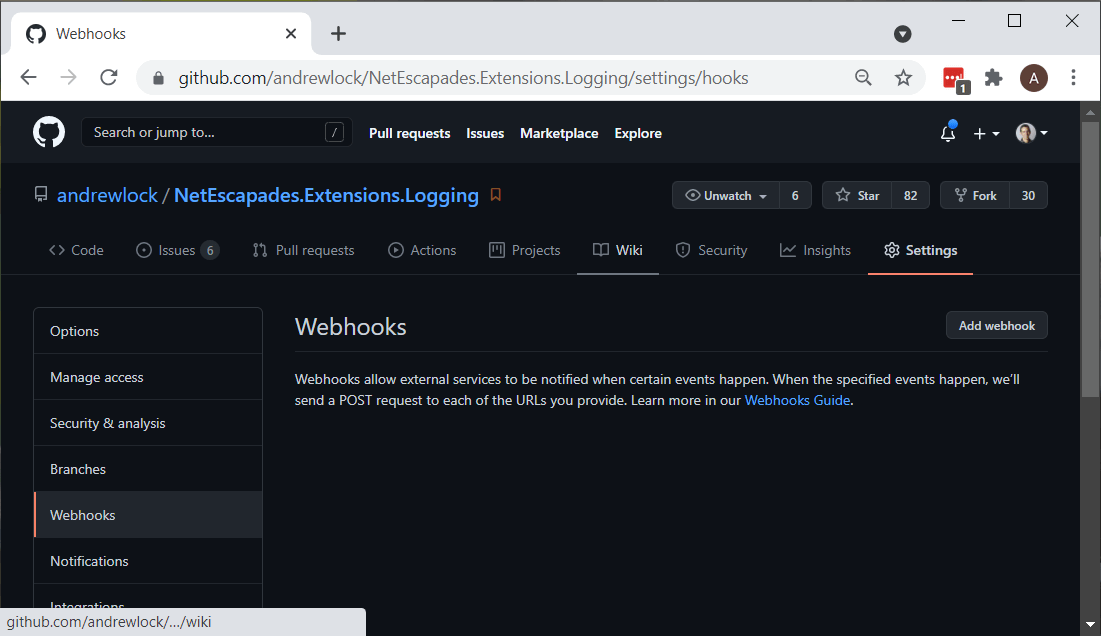 The webhooks screen in GitHub