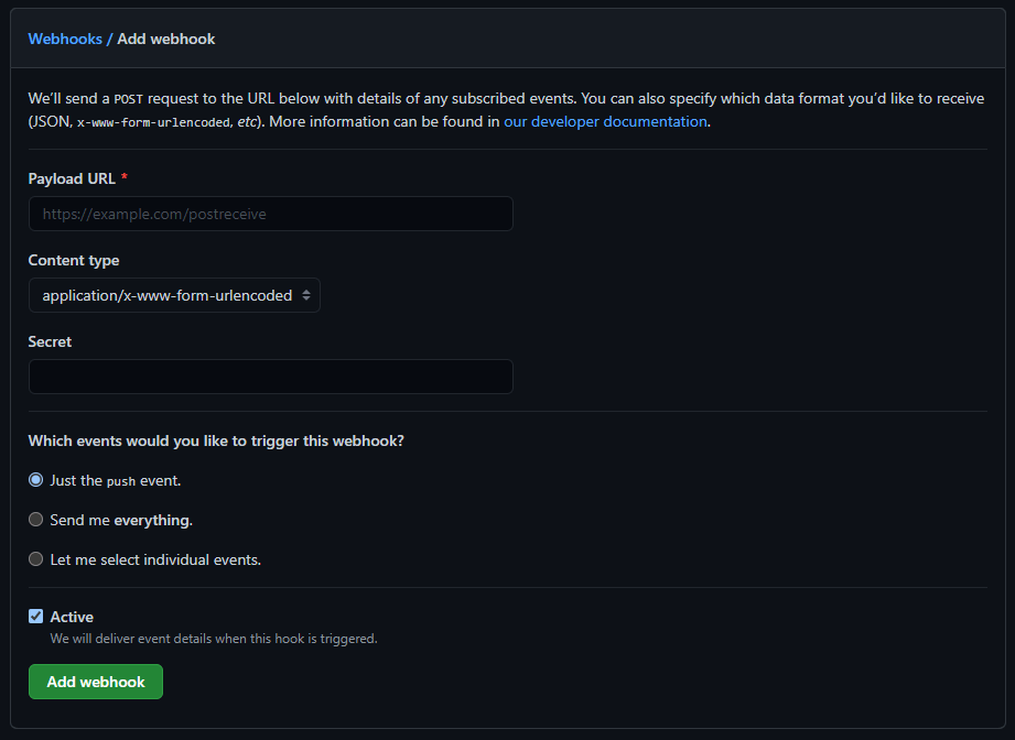 Create a new webhook in GitHub