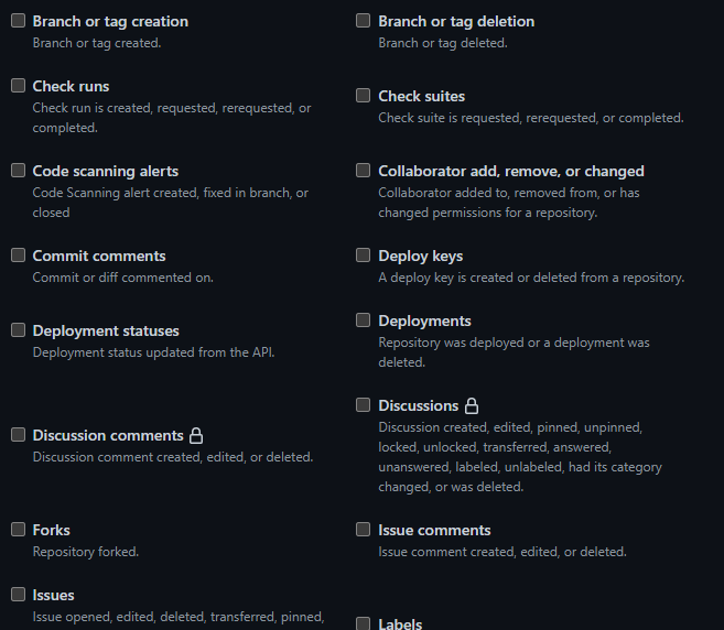 Some of the webhook events available