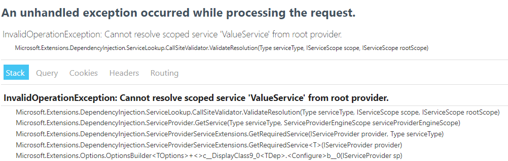 An unhandled exception has occurred while executing the request. System.InvalidOperationException: Cannot resolve scoped service 'ValueService' from root provider