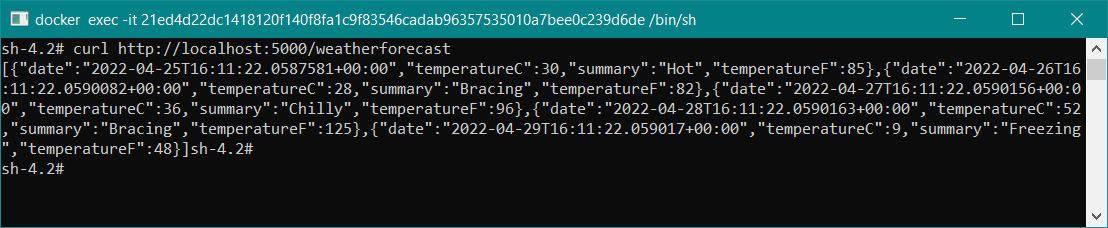 Calling curl http://localhost:5000/weatherforecast inside the docker container