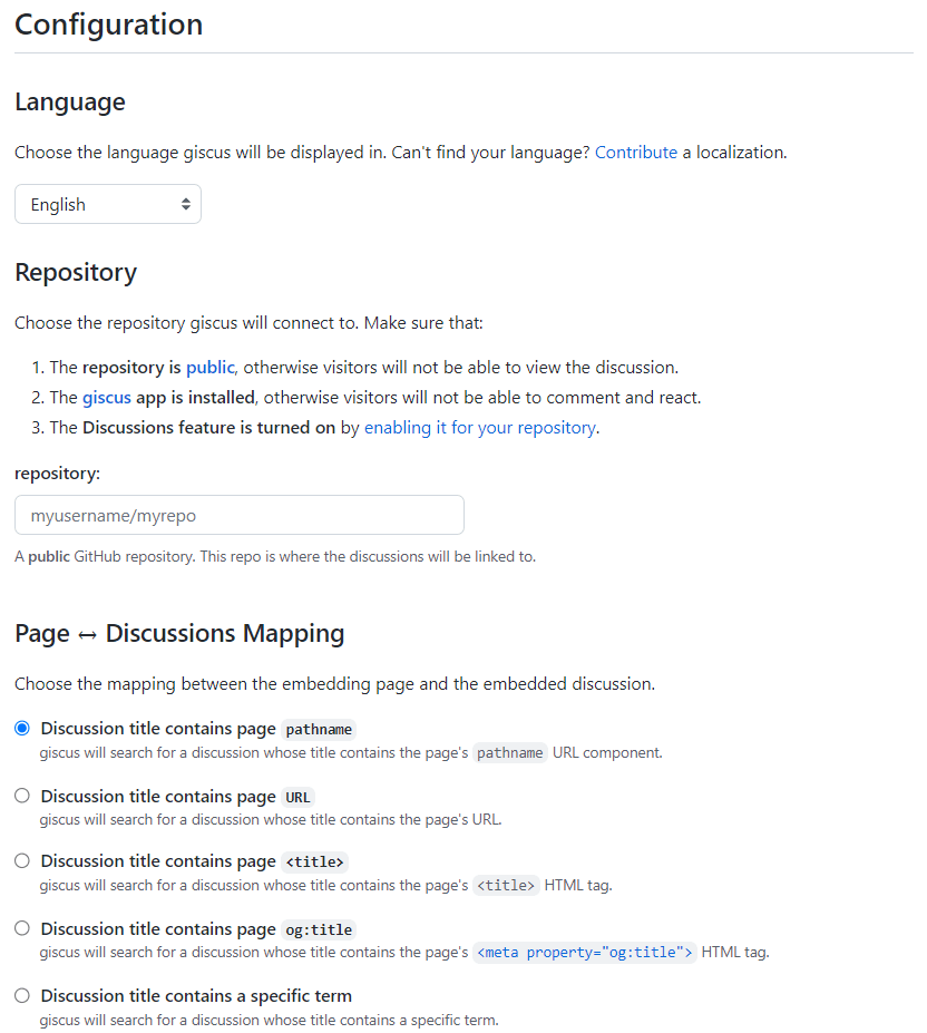 Configuring giscus using the UI