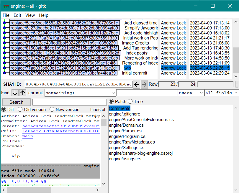 gitk shows the files were always committed to the engine folder