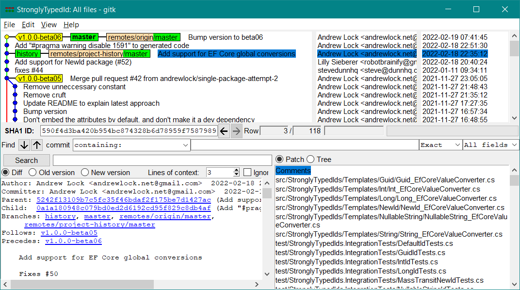 Visual example of the main repository in gitk