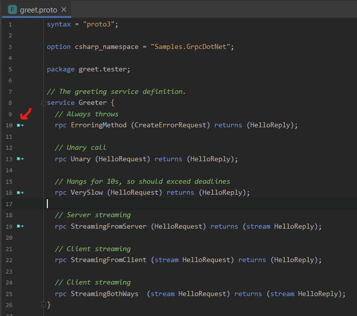 The .proto file now has syntax highlighting and new symbols in the gutter