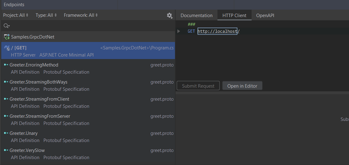 The endpoints tool window includes gRPC endpoints