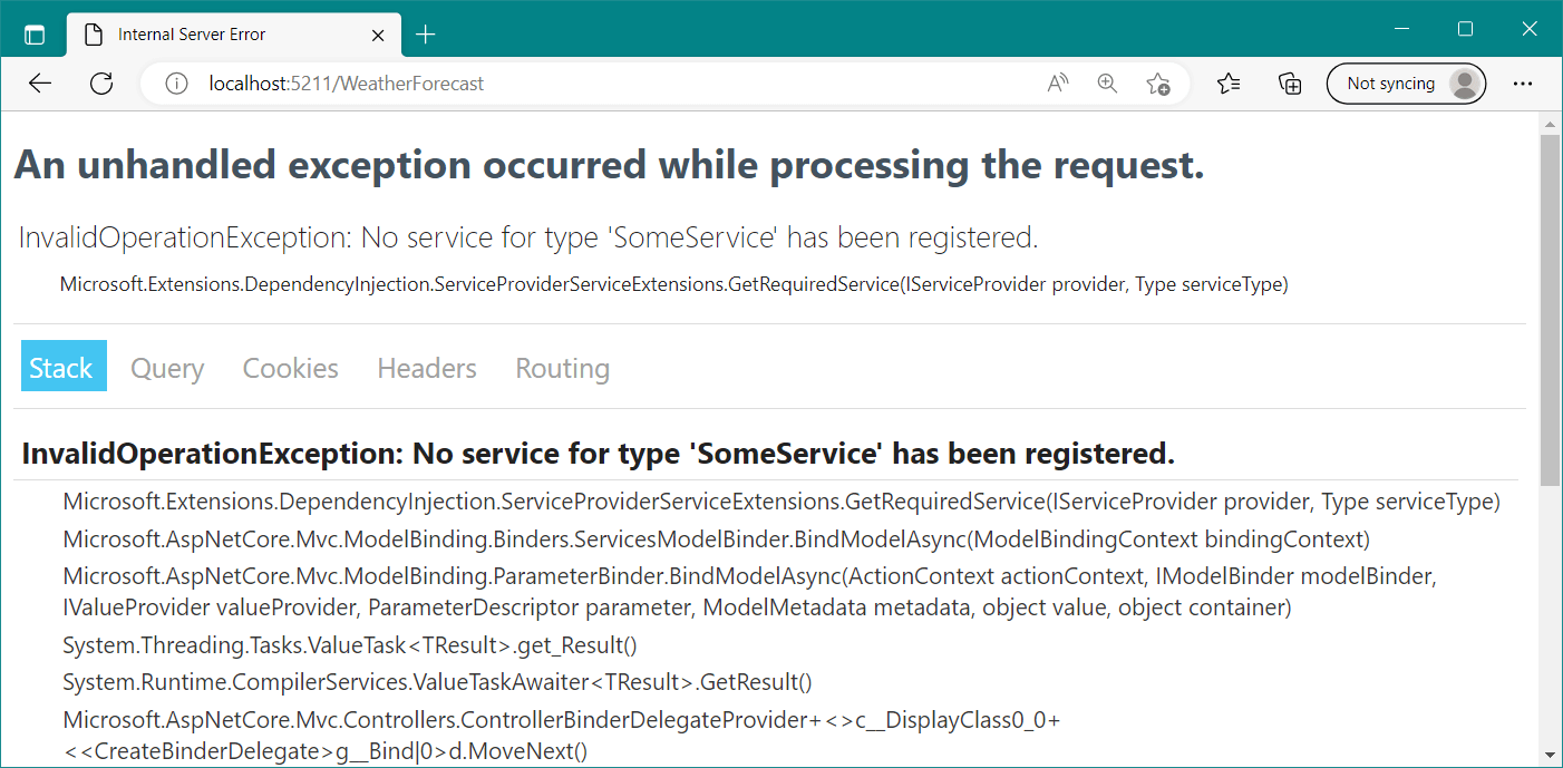 InvalidOperationException: No service for type 'SomeService' has been registered