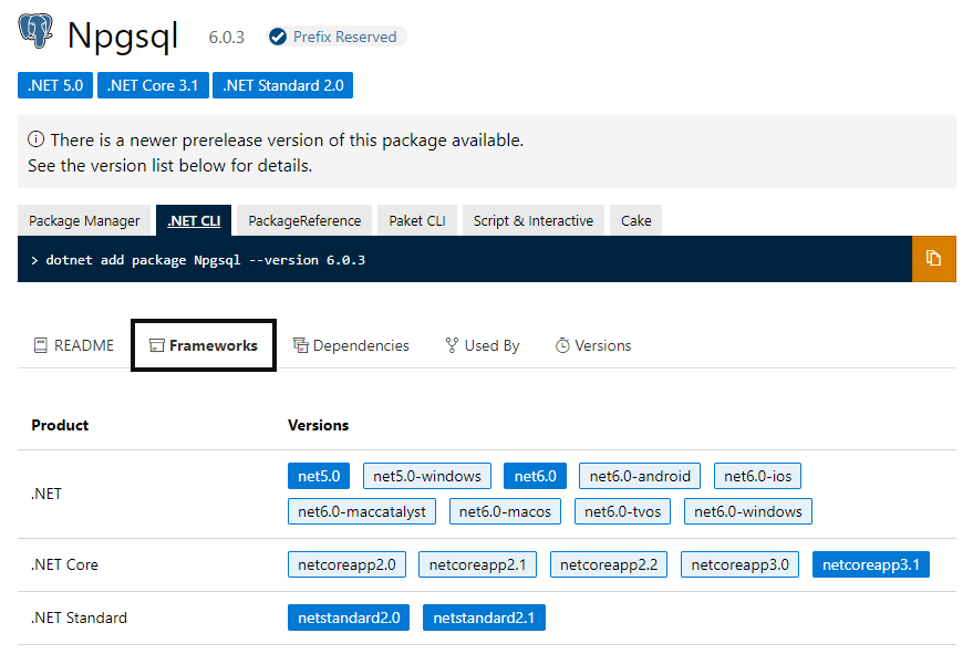 Npgsql NuGet package, showing the supported framework versions