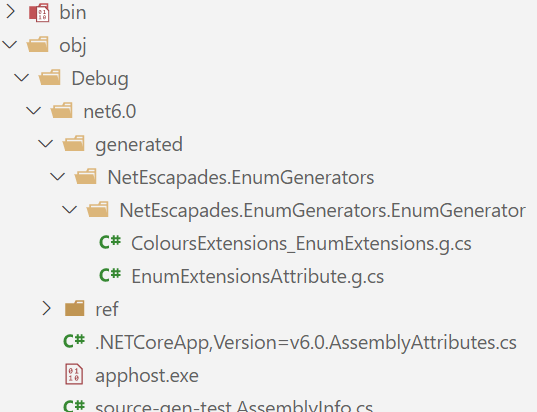 Generated files in the obj folder