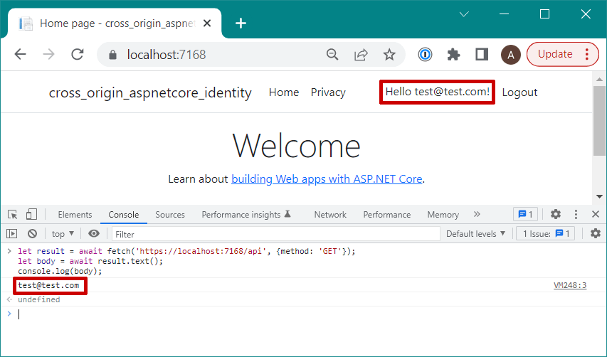 Calling the API using JavaScript running in the developer tools console