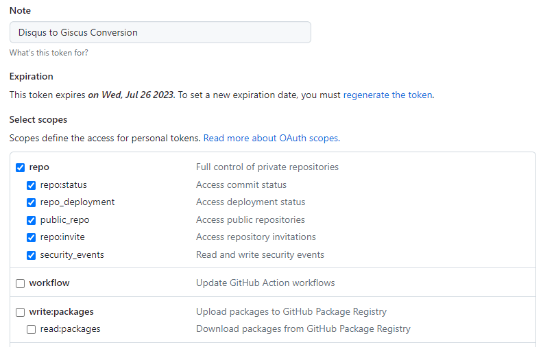 The create token permissions screen on GitHub
