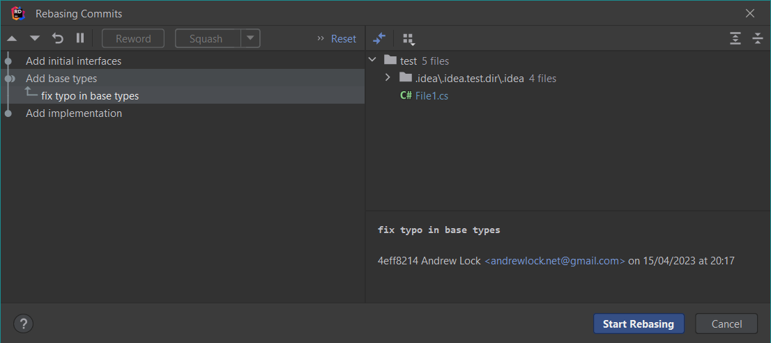 Performing an interactive rebase with Rider