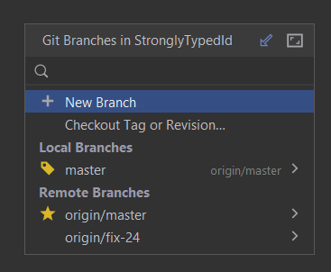 The Git branches dialog box