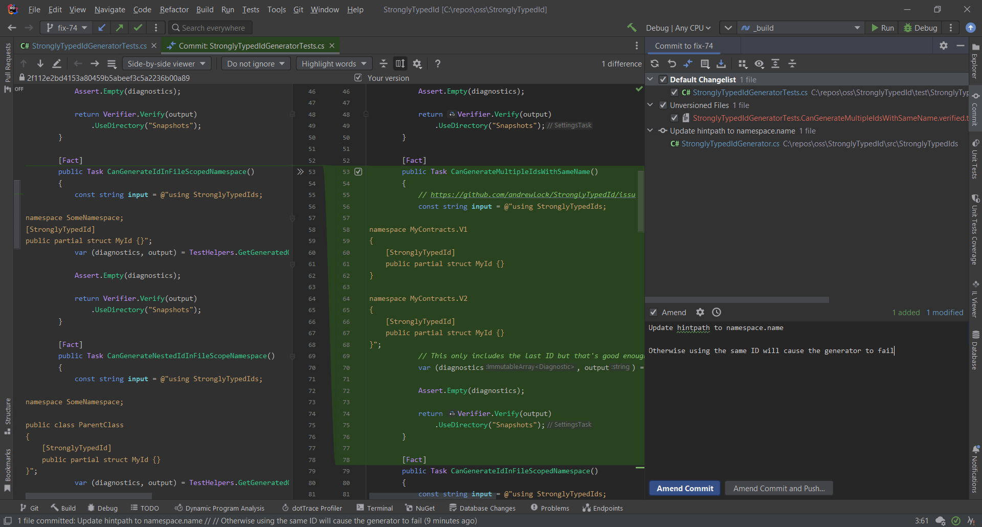 The commit interface with Amend selected