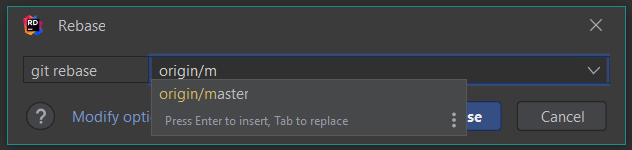 The rebase branch dialog