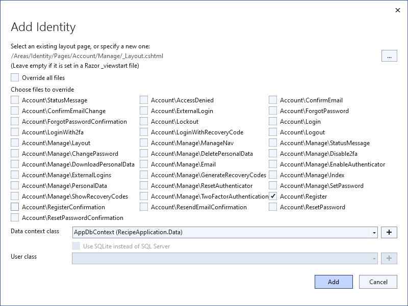 Image of the various pages included in the default Razor Pages Identity UI