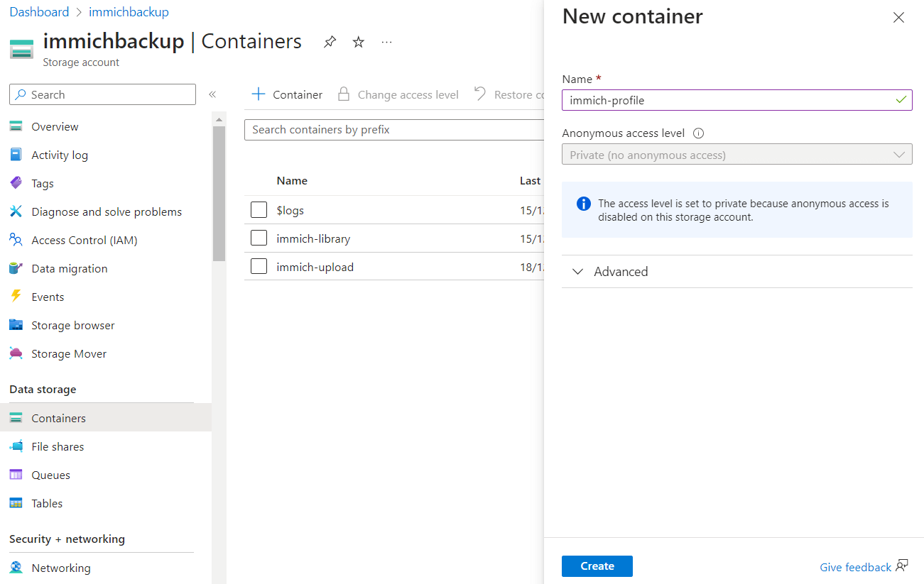 Creating a new blob storage container