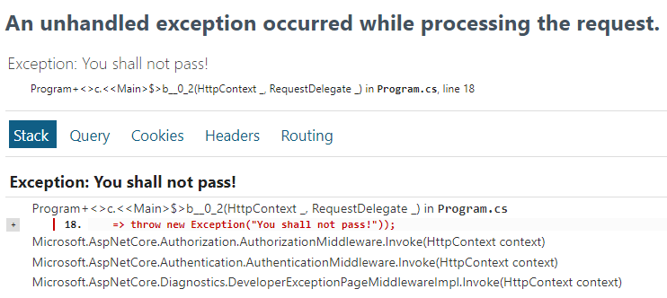 The exception thrown when the middleware executes