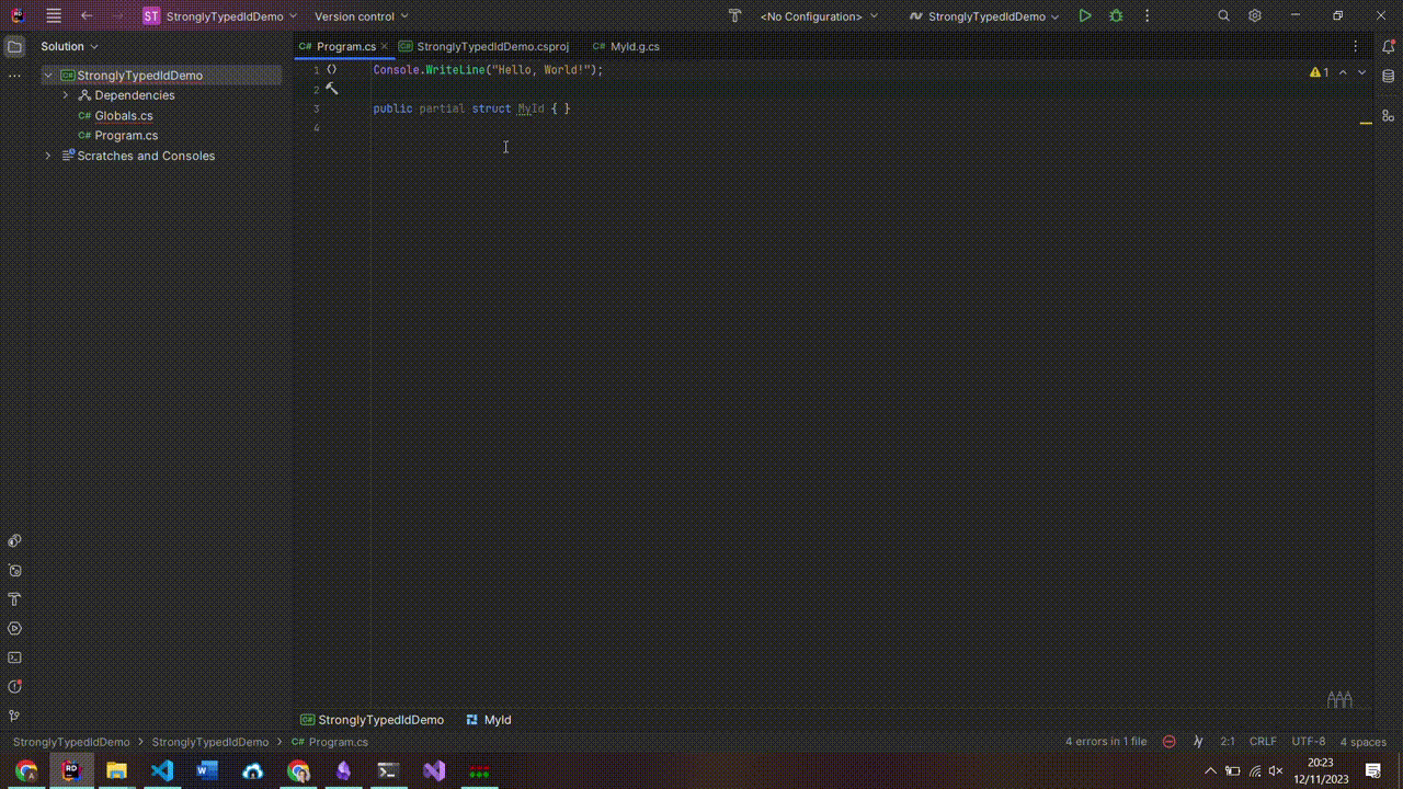 Generating a strongly-typed ID using the StronglyTypedId package in Rider