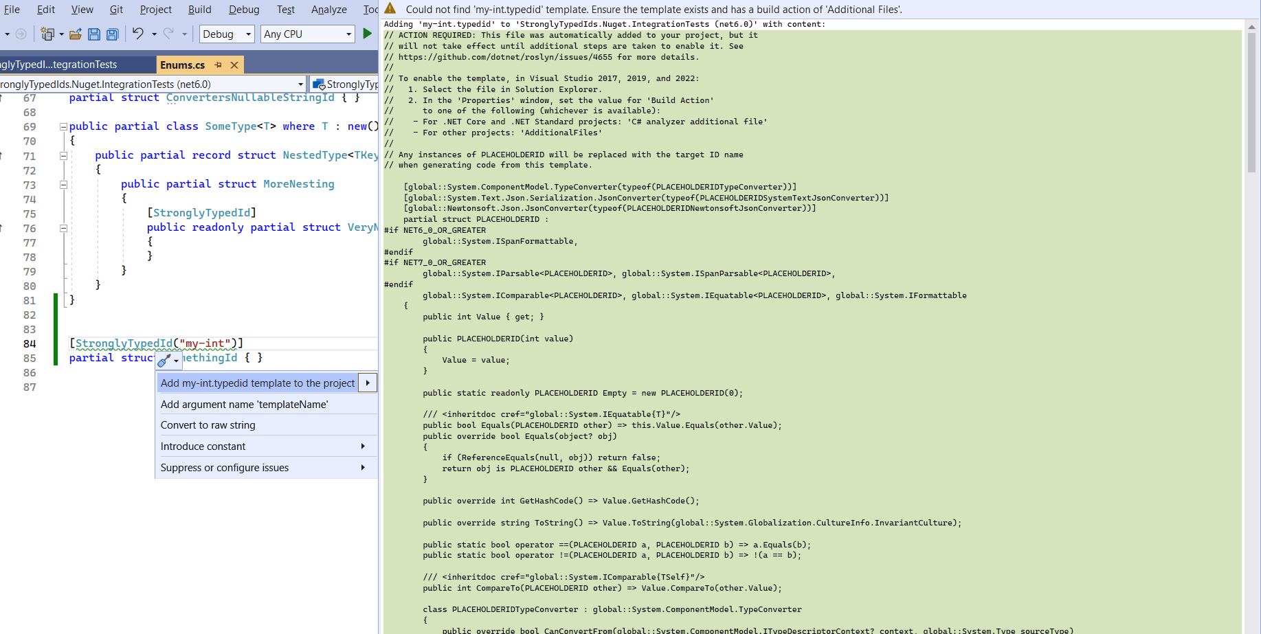 Showing the CodeFix in action, suggesting you can add a project
