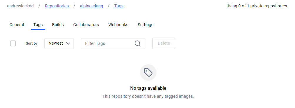 Image of the docker hub UI andrewlockdd/alpine-clang showing there are no tags