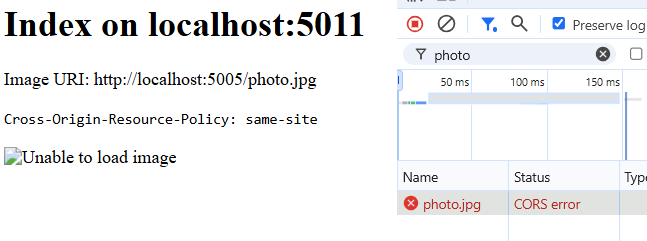 By adding the crossorigin attribute to the img attribute means that CORS applies, not CORP
