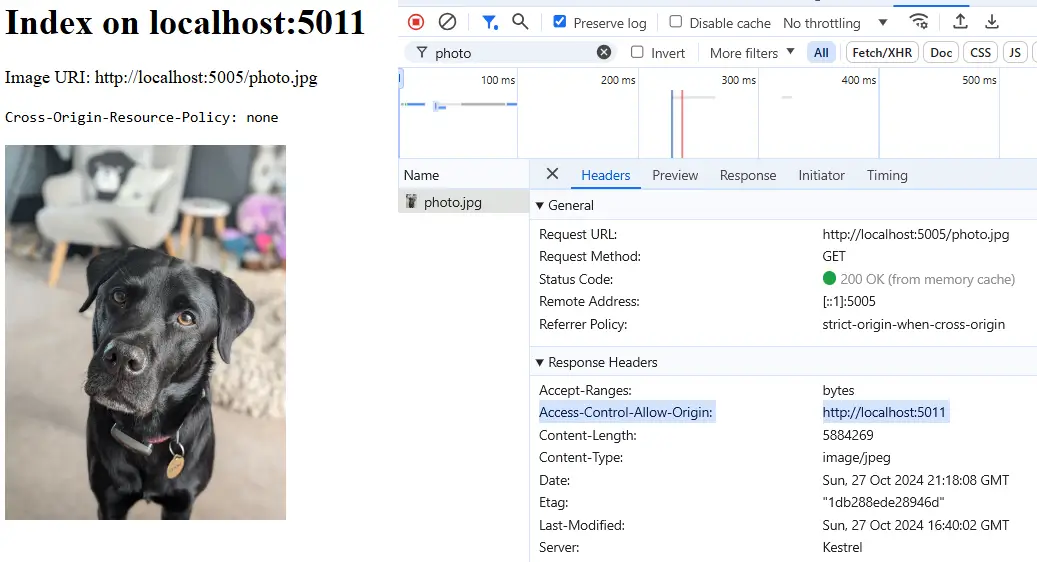 By adding the crossorigin attribute to the img attribute you need to apply CORS headers instead