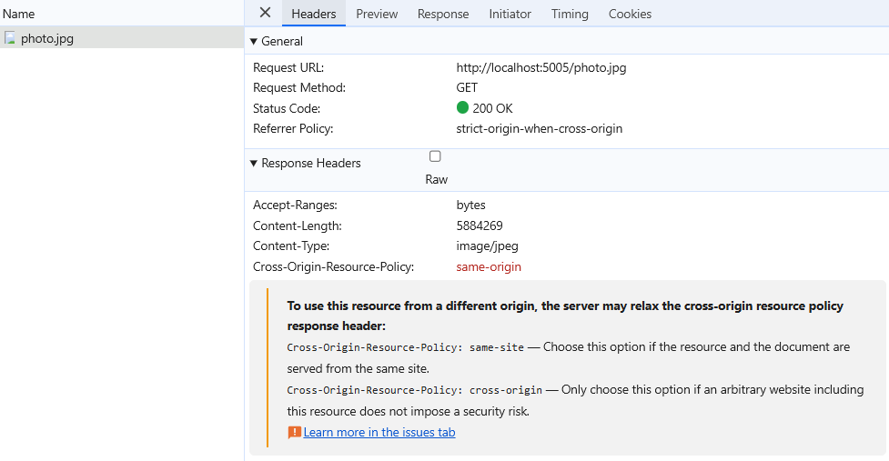 Without a same-origin CORP header, the image is blocked in cross-origin scenarios