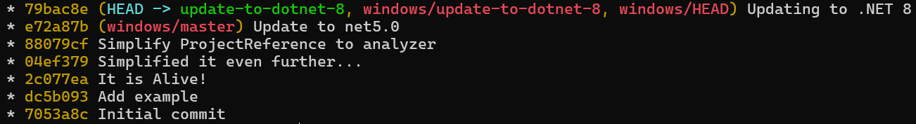 The output from git log --all --decorate --oneline --graph for WSL