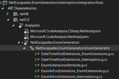 The source-generated interceptors are shown with a file suffix of _Interceptors.g.cs