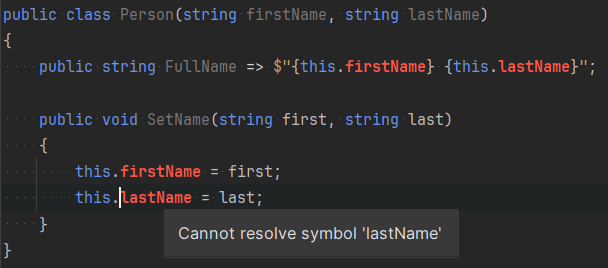 You can't use this. to reference implicit primary constructor fields