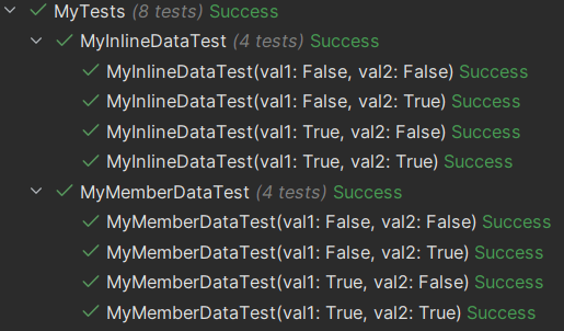 The result of executing the test class above is that each test is executed with the same data as before