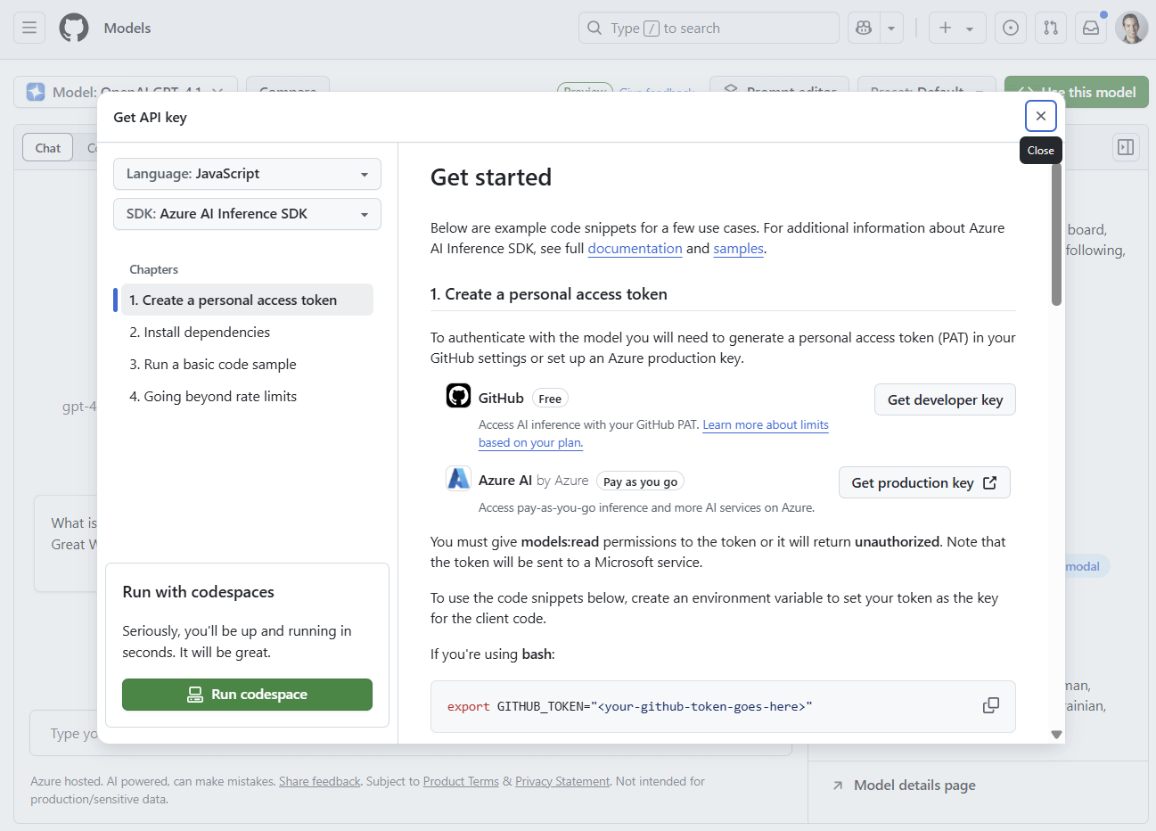 The getting started page from GitHub models