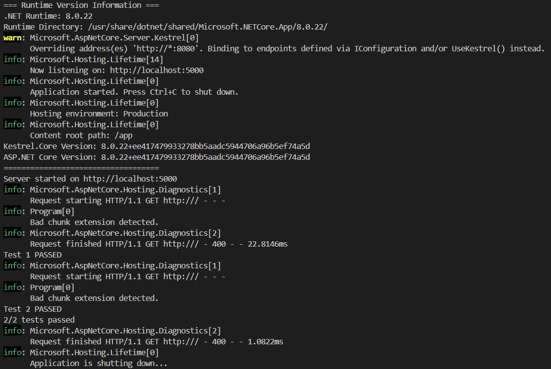 Shows the result of the repro testing for the CVE-2025-55315 against .NET 8, and includes 2/2 tests passed