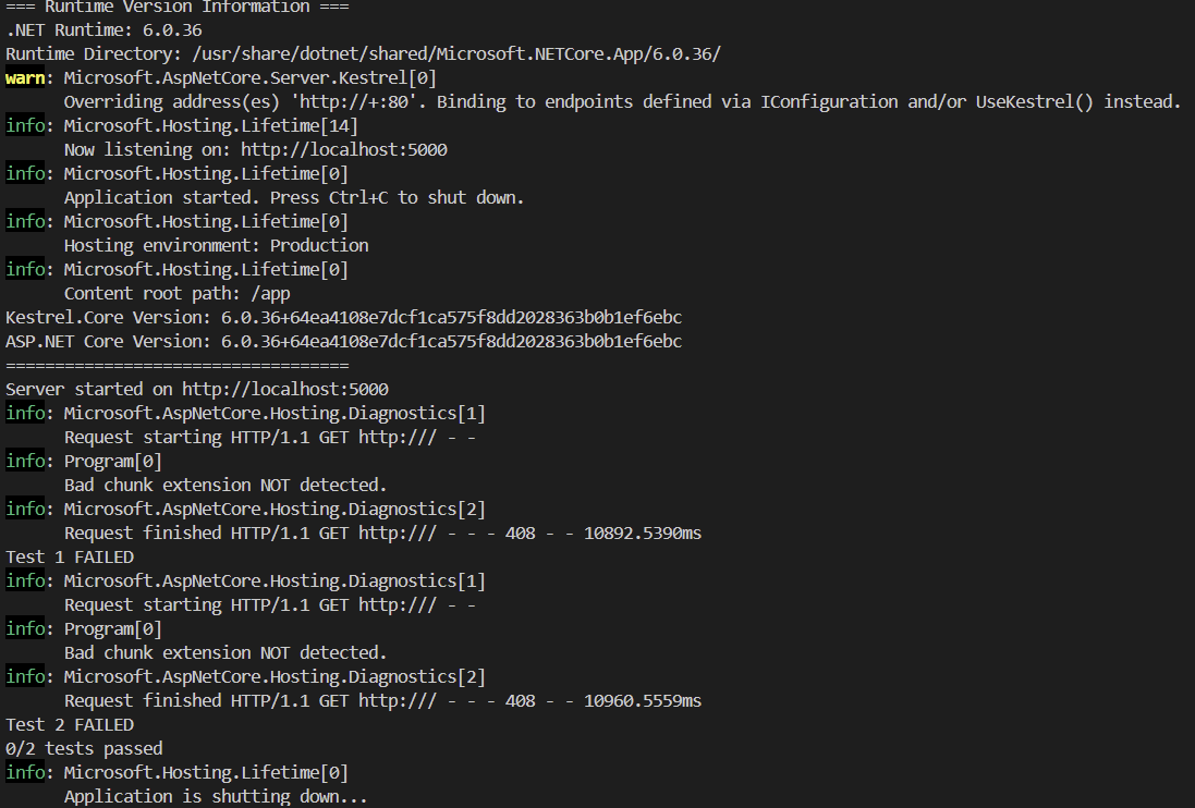 === Runtime Version Information === .NET Runtime: 6.0.36 Runtime Directory: /usr/share/dotnet/shared/Microsoft.NETCore.App/6.0.36/ warn: Microsoft.AspNetCore.Server.Kestrel       Overriding address(es) 'http://+:80'. Binding to endpoints defined via IConfiguration and/or UseKestrel() instead. info: Microsoft.Hosting.Lifetime[14]       Now listening on: http://localhost:5000 info: Microsoft.Hosting.Lifetime       Application started. Press Ctrl+C to shut down. Kestrel.Core Version: 6.0.36+64ea4108e7dcf1ca575f8dd2028363b0b1ef6ebc info: Microsoft.Hosting.Lifetime       Hosting environment: Production info: Microsoft.Hosting.Lifetime       Content root path: /app ASP.NET Core Version: 6.0.36+64ea4108e7dcf1ca575f8dd2028363b0b1ef6ebc =================================== Server started on http://localhost:5000 info: Microsoft.AspNetCore.Hosting.Diagnostics[1]       Request starting HTTP/1.1 GET http:/// - - info: Program       Bad chunk extension NOT detected. info: Microsoft.AspNetCore.Hosting.Diagnostics[2]       Request finished HTTP/1.1 GET http:/// - - - 408 - - 10915.5124ms Test 1 FAILED info: Microsoft.AspNetCore.Hosting.Diagnostics[1]       Request starting HTTP/1.1 GET http:/// - - info: Program       Bad chunk extension NOT detected. info: Microsoft.AspNetCore.Hosting.Diagnostics[2]       Request finished HTTP/1.1 GET http:/// - - - 408 - - 10977.8230ms Test 2 FAILED 0/2 tests passed info: Microsoft.Hosting.Lifetime       Application is shutting down...