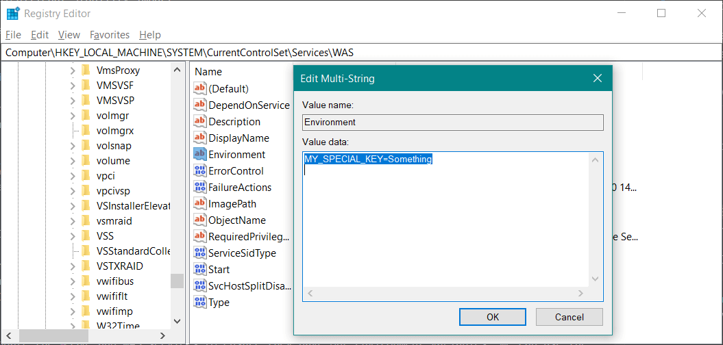 Updating the environment variables for the WAS service using the registry editor 