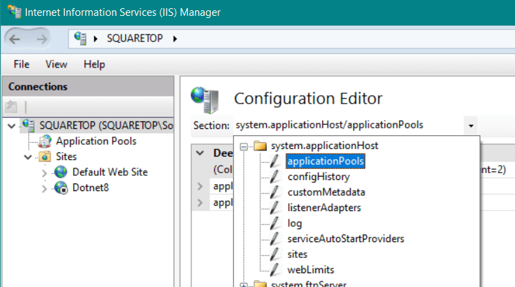 Setting the system.applicationHost/applicationPools section