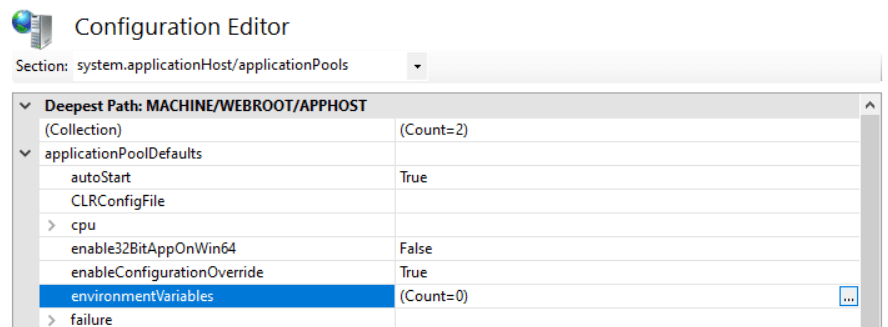 Editing the applicationPoolDefaults environemntVariables 