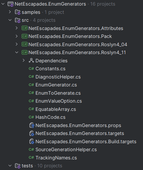 The updated solution explorer, with 3 new projects