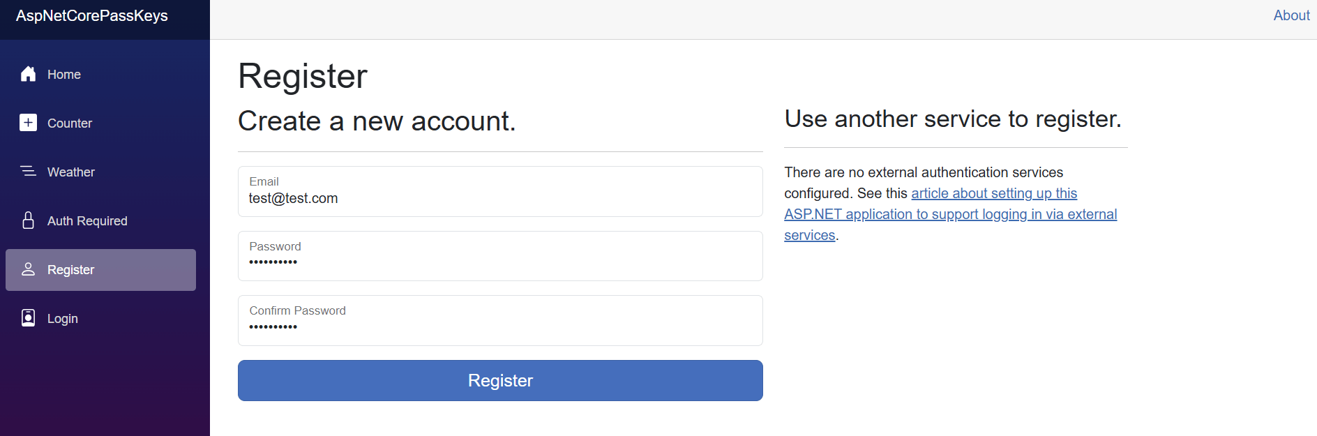 The register page of the application
