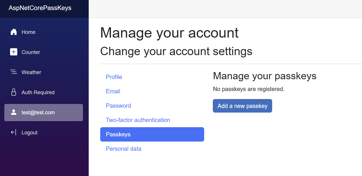 The passkey management page of the application