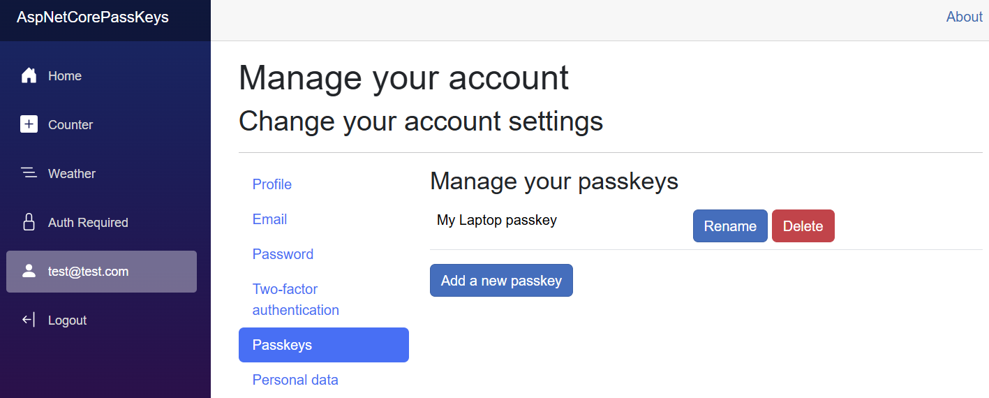 The manage passkeys page