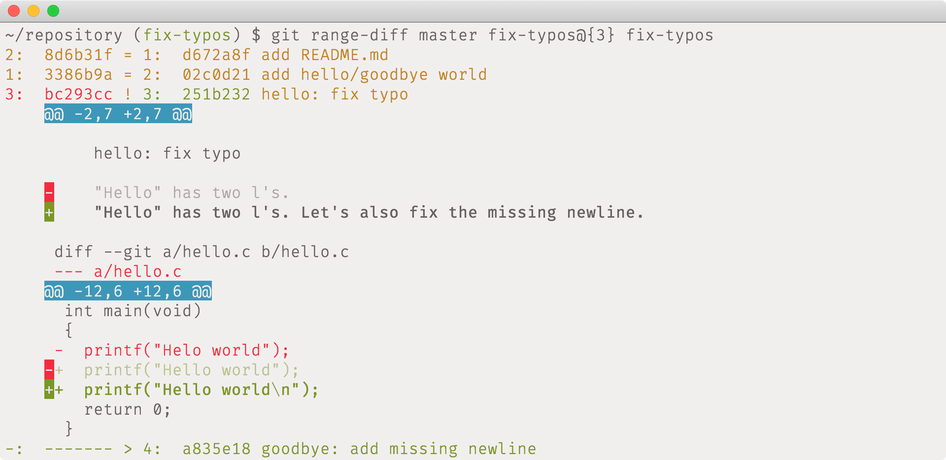 A git range-diff output