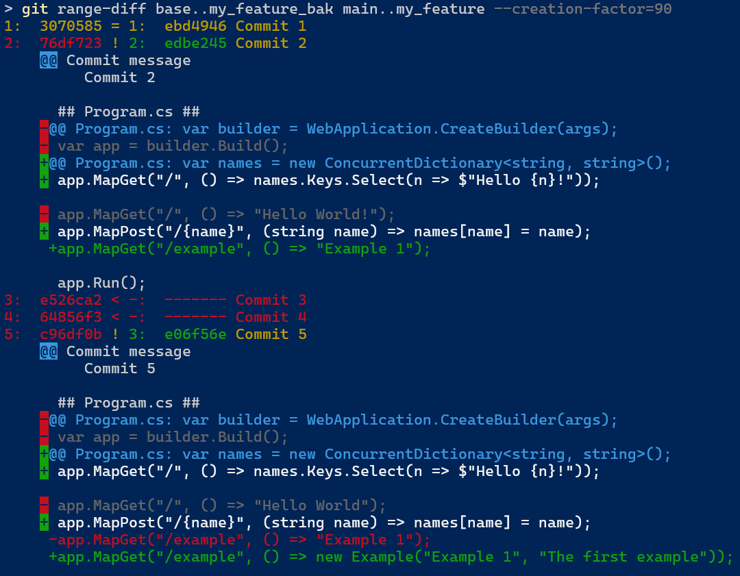 The range-diff with --creation-factor=90