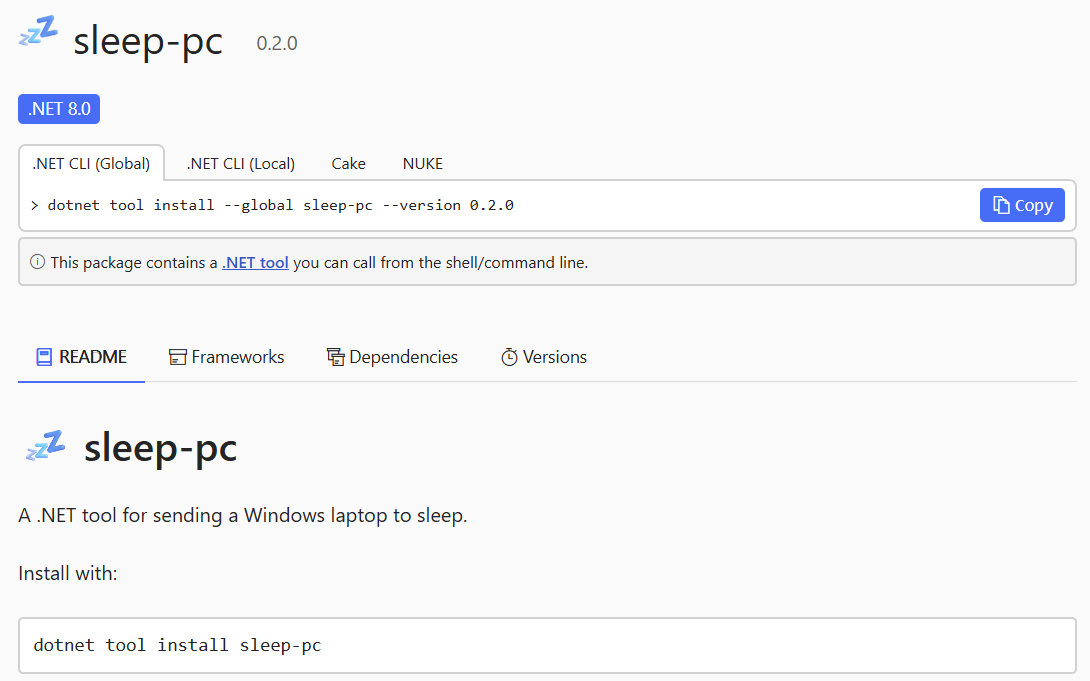 The sleep-pc tool on NuGet