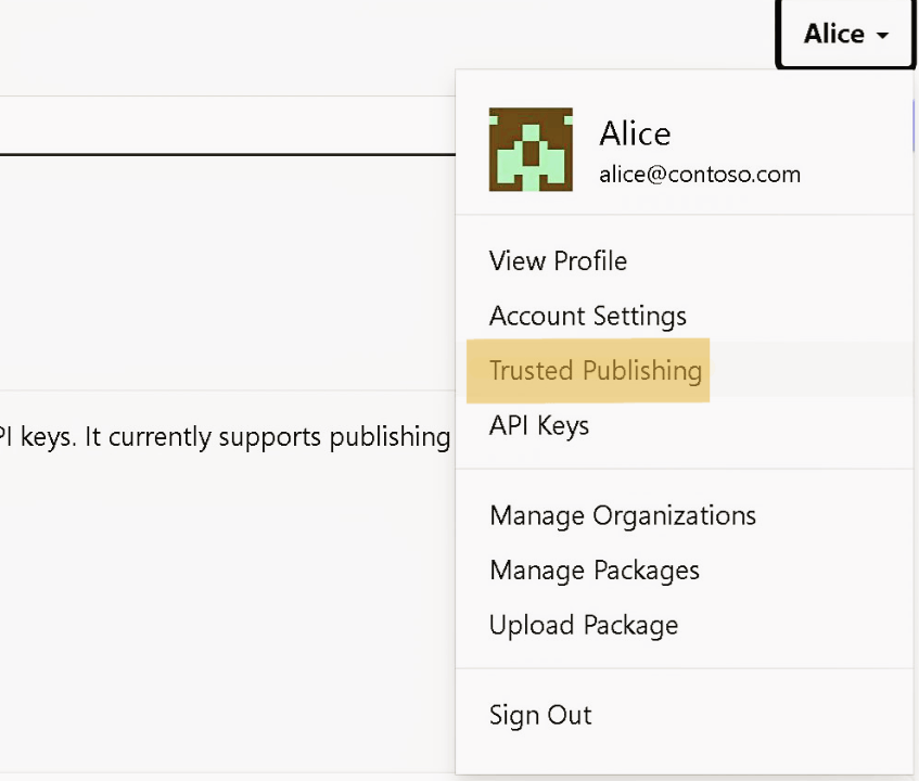 The Trusted Publishing page is available in the account menu