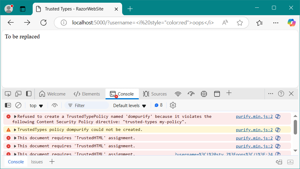 Our trusted-types policy blocks us from using the DOMpurify library